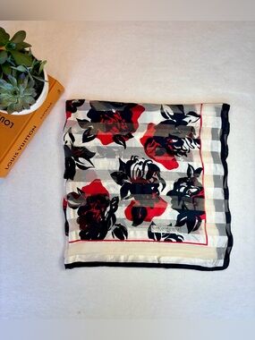 Vintage YSL Silk Scarf 35” Rose Print Black Red White Sheer Yves Saint Laurent